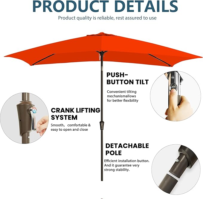 6.5x10FT Rectangular Patio Umbrella with Push Button Tilt & Crank Lift for Garden,UV Protection Outdoor Umbrella for Deck,Pool and Yard,Orange