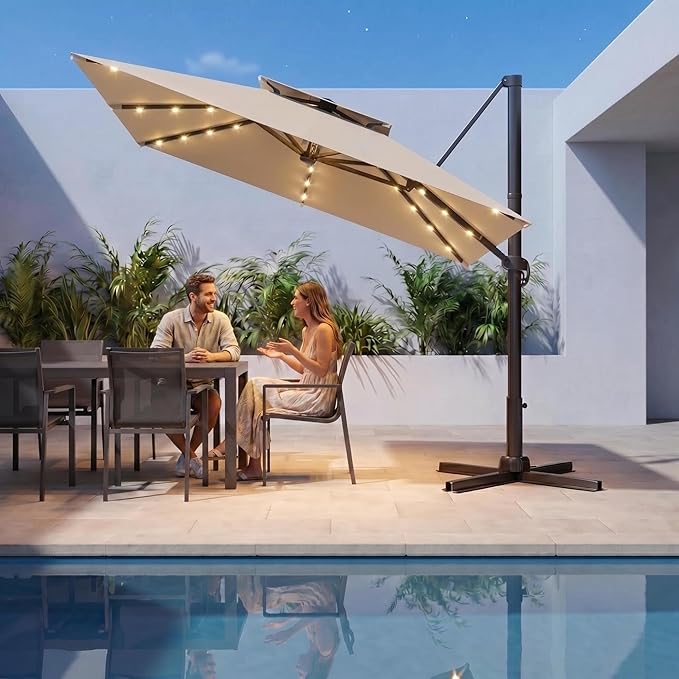 Kingdura Cantilever Patio Umbrella with Double Top Vent, Large Square Aluminum Outdoor Offset Umbrella with 360-degree Rotation, Infinite Tilt, UV Protection for Pool Deck Garden Patio