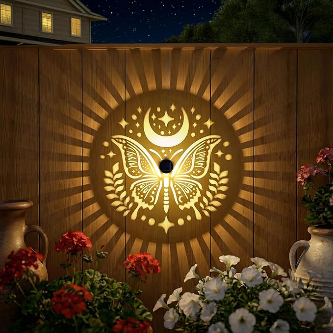 Gardsee Solar Fence Lights Outdoor 2 Pack Deck Step Wall Lights Butterfly Metal Waterproof LED Warm Yellow Light for Garden Post Patio Backyard Yard Decor (Black 1)