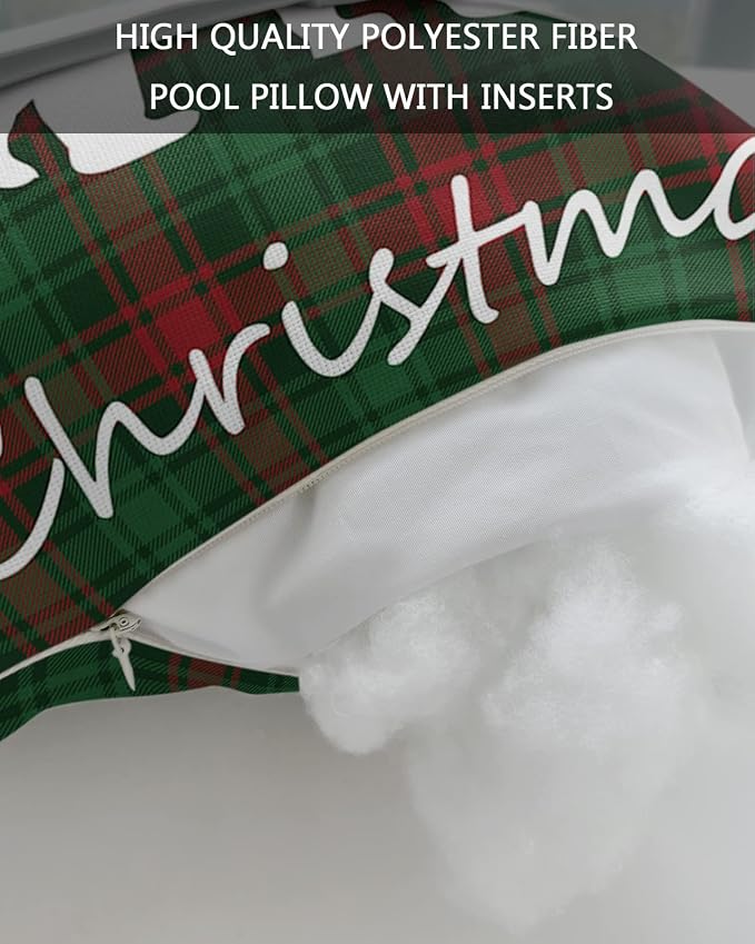 Outdoor Pillows Covers with Inserts Merry Christmas Bear and Tree Red Green Buffalo Plaid Waterproof Pillow with Adjustable Strap Throw Pillows for Patio Furniture Recliner Lounge Chair, 12"x20", 2PCS