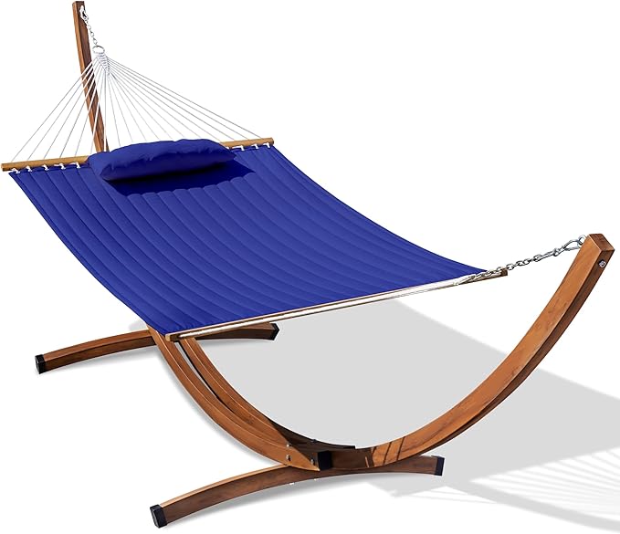 Lazy Daze Hammocks Double Quilted Hammock with 13 FT Curved Steel Heavy Duty Stand and Pillow for Outside, Backyard, Patio, 450 Lbs Capacity, Blue