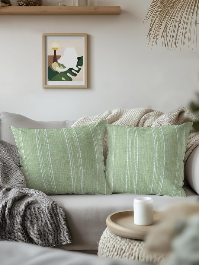 Vandarllin Waterproof Outdoor Pillow 1 Pack Olive Green Linen Stripes Decorative Throw Pillows Cover & Insert 16x16 Inch Pillowcase Parallel Vertical Lines Pillows for Couch Sofa Bed Patio Furniture