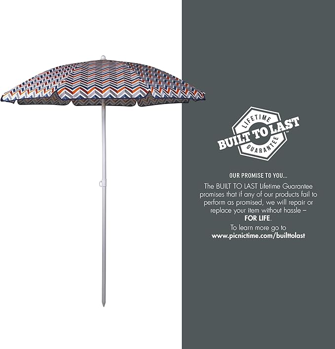 PICNIC TIME 5.5 Ft Portable Beach Umbrella, Lightweight UV Protection Sunshade with Tilt Pole & Carry Bag, Outdoor Canopy Umbrella for Beach, Sand, Pool, Patio, Camping, Travel, or Backyard Shade, (Vibe Collection - Navy Blue, Orange, & Gray Pattern)