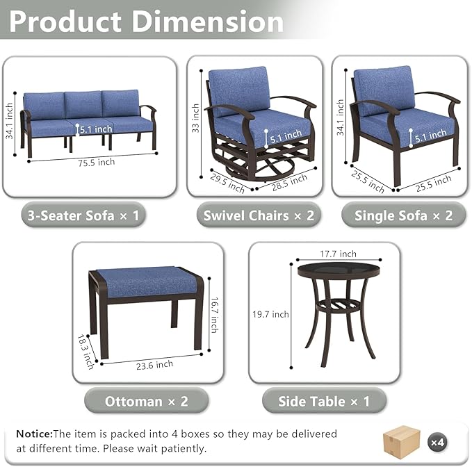 Kullavik Aluminum Patio Furniture Set with 2 Swivel Chairs,9-seat Metal Outdoor Furniture Patio Sectional Sofas Patio Conversation Set w/2 Ottomans for Patio,Backyard,Poolside-Navy Blue