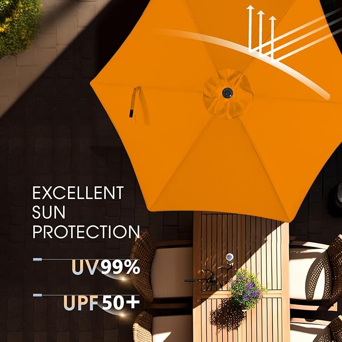 wikiwiki 7.5FT Patio Umbrella with Base, Outdoor Umbrellas with Base Included, 6 Sturdy Ribs, Waterproof Fade Resistant POLYESTER DTY Canopy for Deck, Lawn, Garden, Backyard & Pool, Orange