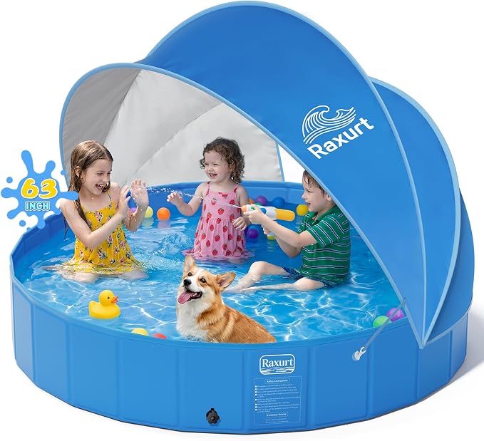63in Kiddie Pool with Canopy - Large Foldable Toddler Pool with Detachable UPF 50+ Sunshade, Portable Non-Slip Kids Swimming Pool Collapsible Baby Pool for Outdoor Backyard Beach