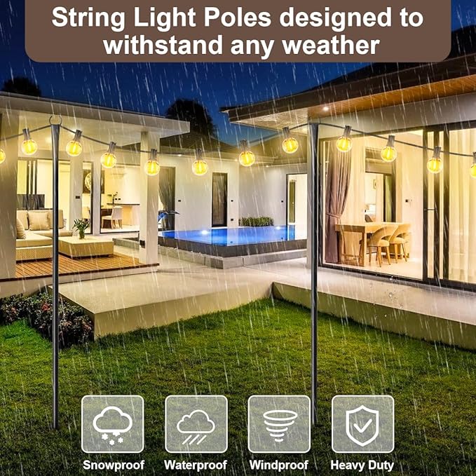 MuliVid 2 Pack 10FT Lighting Hanging Pole for Outside, Waterproof Hardened Metal Outdoor String Light Poles for Patio, Garden, Bistro, Wedding, Parties