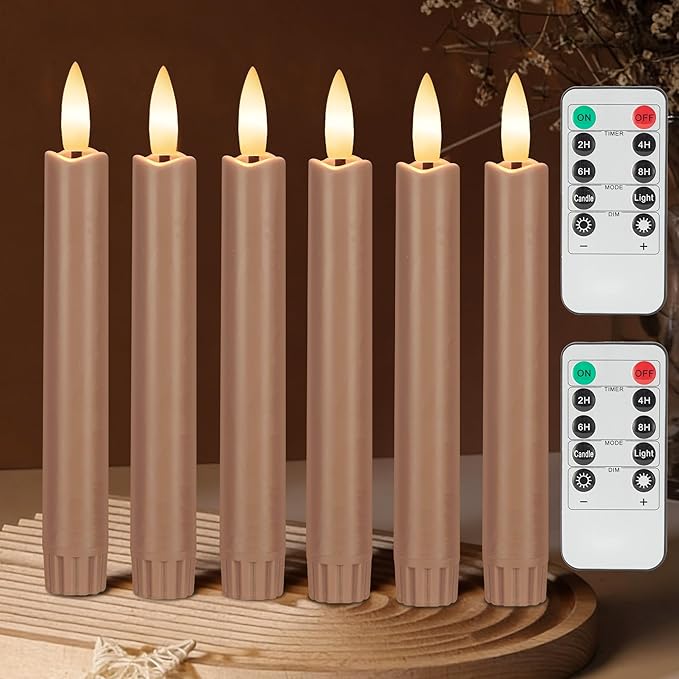 Brown Flameless Taper Candles with Remote, Short Battery Operated LED Candles, 6.4inch Flickering Flameless Candlesticks for Table Centerpiece, Farmhouse, Mantel, Window Decor, Set of 6