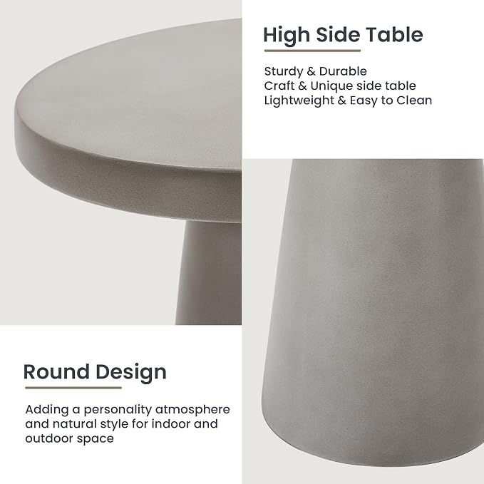 HOMPUS Outdoor Side Table Large, Concrete Side Table Faux Stone Cone Shaped, Patio Round Accent Table, Lightweight MgO Tall Coffee Table Garden Tool for Home Decor, Porch and Deck, Grey