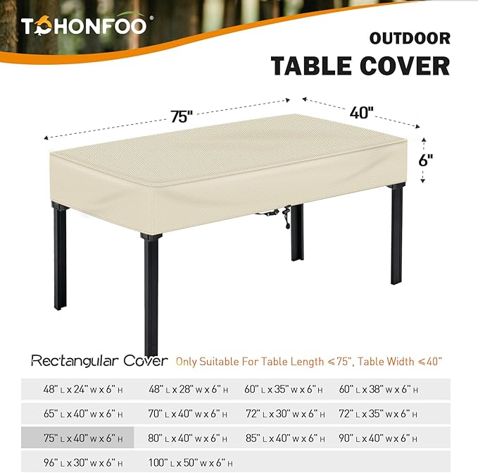 TOHONFOO Rectangular Patio Table Cover - Waterproof Anti-UV Outdoor Dining Table Cover - Outdoor Patio Furniture Cover 75" L x 40" W x 6" H, Beige