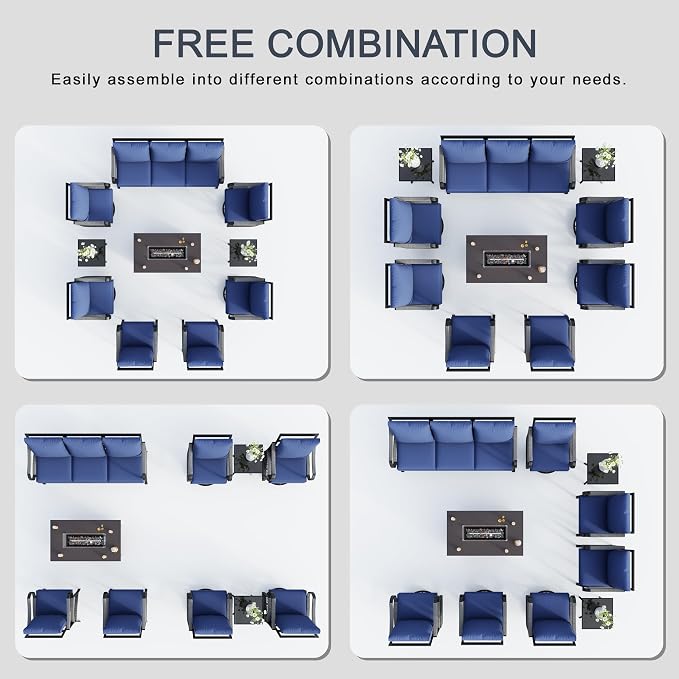 10 Pieces Modern Patio Furniture Set, All Weather Metal Outdoor Conversation Sets with Fire Pit Table for Backyard Garden Deck Porch Poolside, Blue