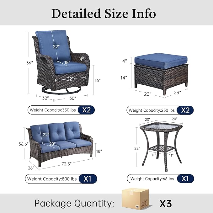 6 Piece Patio Furniture Set with Ottoman - All Weather Patio Conversation Set with 4 Inch Thick Cushions and Deep Seating Swivel Glider Chairs & Outdoor Couch for Porch Deck Yard Pool