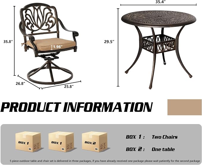 TITIMO 5-Piece Outdoor Patio Dining Set, All-Weather Cast Aluminum Furniture Patio Conversation Set 4 Swivel Chairs and 35.4" Table w/Cushions and Umbrella Hole for Backyard Garden Deck (Khaki)