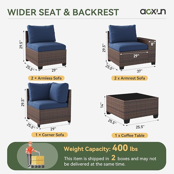 Aoxun Patio Fruniture Sets, Wicker Outdoor Patio Furniture Set with 4 in Thick Cushions and Widen Armrests, All-Weather Outdoor Sectional for Backyard, Garden and Poolside (Waterproof Cover Included)