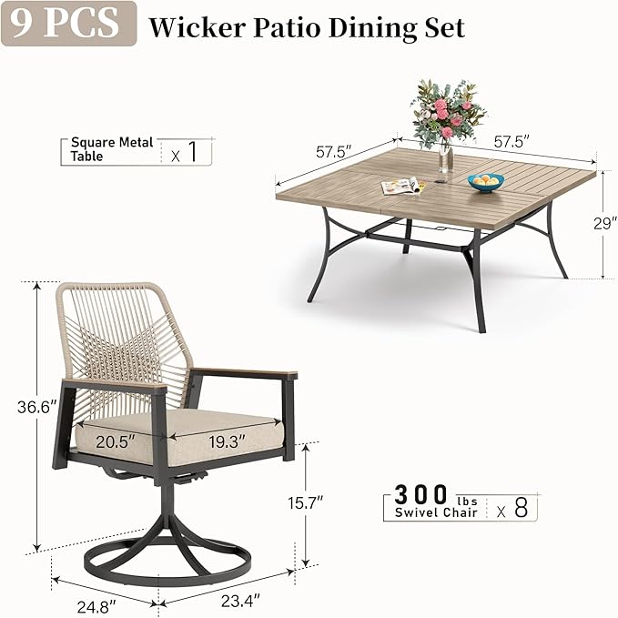 Patio Dining Set 9 Piece, 8 x Woven Rattan Swivel Chairs with Waterproof Cushion, 57.5" Square Wood-Like Metal Table with Umbrella Hole, Outdoor Table and Chairs Set for Backyard Lawn and Deck, Beige