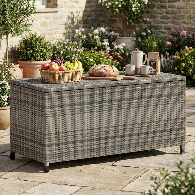 Litake Large 125 Gallon Outdoor Deck Storage Box with Wheels & Handles – Heavy Duty Waterproof PE Rattan Chest – Weatherproof Patio, Garden, Poolside Organizer – Grey