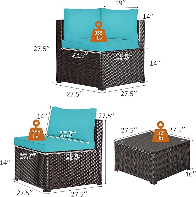 Tangkula 6 Pieces Patio Furniture Set, Outdoor Rattan Sofa Set, Wicker Conversation Set w/Tempered Glass Coffee Table & Cushions, Sectional Sofa Set for Backyard, Garden, Balcony, Poolside