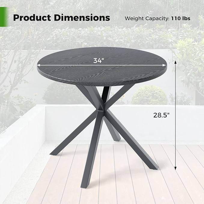 Tangkula 34-Inch Metal Round Patio Dining Table for 4, Heavy Duty Outdoor Metal Frame Dinner Table with Wood-Like Top & X-Shaped Legs, Outside Bistro Table for Deck, Balcony, Backyard, Lawn & Garden