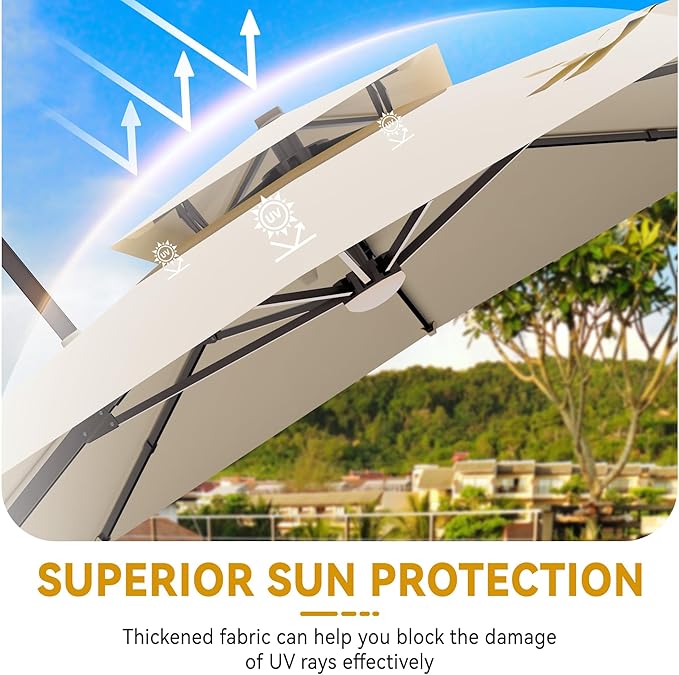 10x13 FT Cantilever Patio Umbrella with Led Lights Double Top Outdoor Rectangular Large Heavy Duty Aluminum Offset Umbrellas with 7 Level Tilt 360-degree Rotation for Pool Garden Deck, Beige
