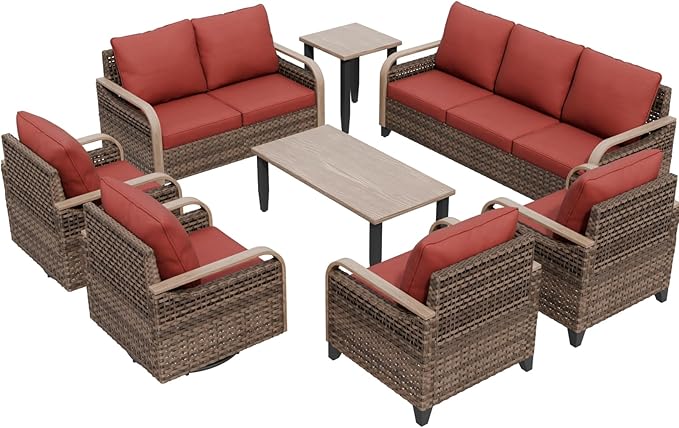 COOS BAY Modern Wicker Outdoor Furniture Set, 8 Piece Patio Conversation Set with 2 Swivel Rockers, 2 Patio Chairs, a 3 Seat Couch, a Loveseat, Coffee Table and Side Table, 8 Piece, Brown/Red
