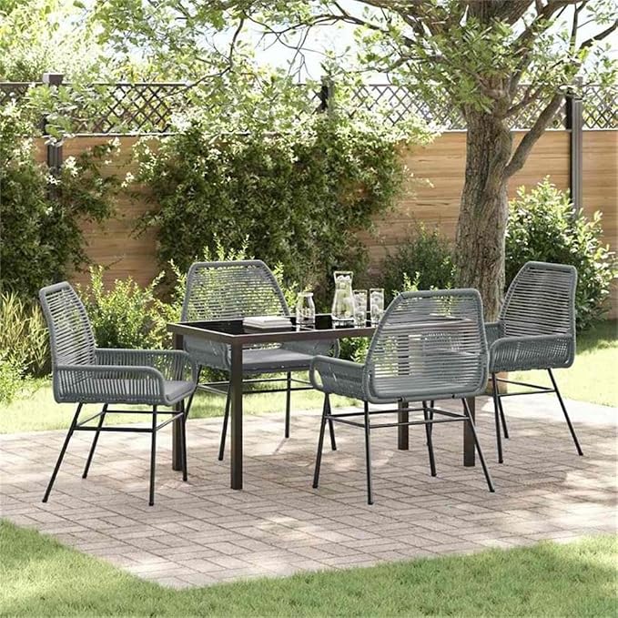 Afuera Living 5 Piece Poly Rattan Garden Dining Set, Black Finish, Cushioned Seats, UV-Resistant Material, Powder-Coated Steel Frame, Tempered Glass Tabletop, Modern Patio Furniture for Outdoor Spaces