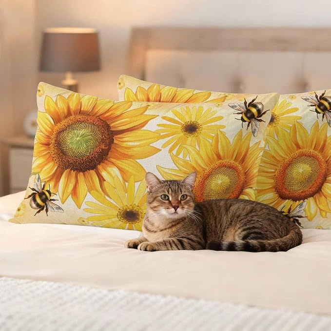 Outdoor Throw Pillow Covers,Farmhouse Sunflower Bee on Linen Waterproof Decorative Pillowcases Cushion Cover Retro Pastoral Yellow Flower Pillow Cases for Patio Couch Sofa Bed,20x12in Set of 2