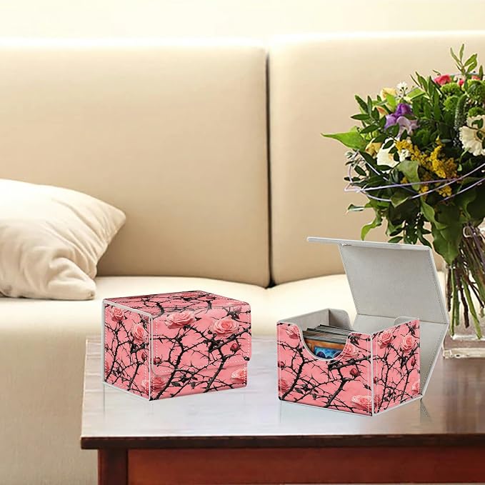 Card Deck Box for MTG, Cards Storage Box Fits 120+ Sleeved, Leather Small Size Strong Magnetic Closing Card Case for Board Games Magic TCG CCG Baseball Collection, Pink Flower Tree
