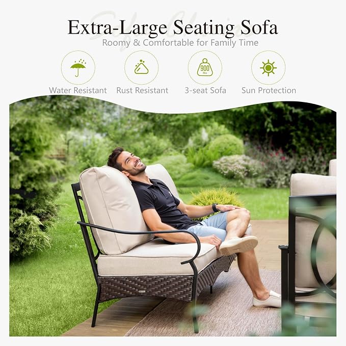Sophia & William Patio Furniture Set with Fire Pit Table, 4 PCS Metal Outdoor Conversation Set with Fire Pit Table, 2 Sofa Chairs,3-Seater Couch for Outdoor Seating, Backyard, Porch(Beige)