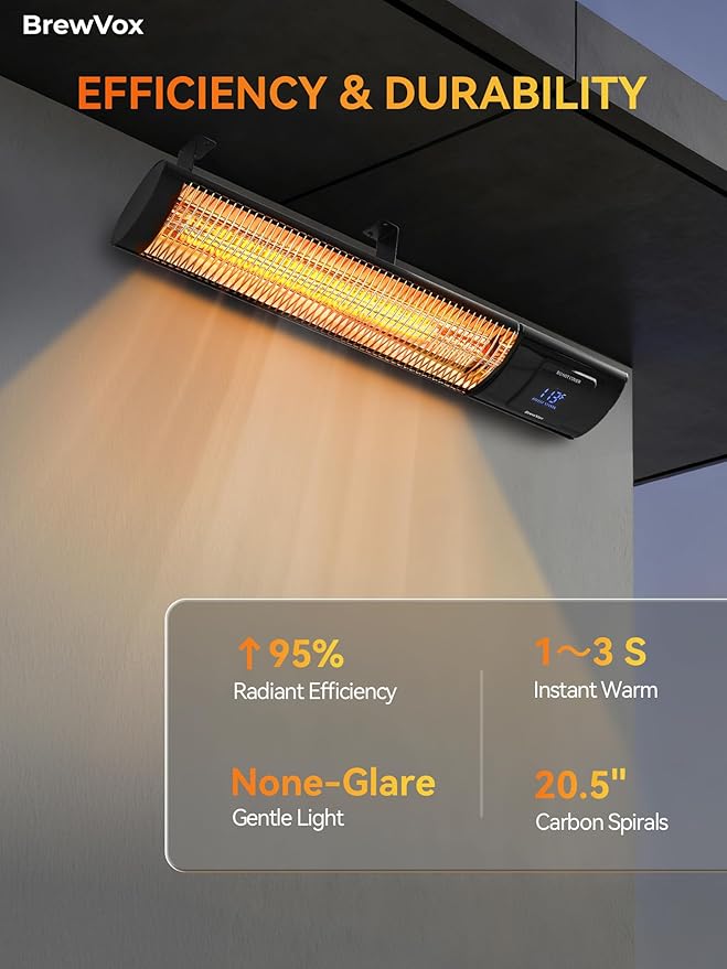 1500W Carbon Infrared Electric Outdoor Patio Heater with Thermostat, Horizontal & Vertical, Smart App-Controlled Scheduling & Remote On/Off, IP65 Weatherproof, Overheat Protection, 24H Timer