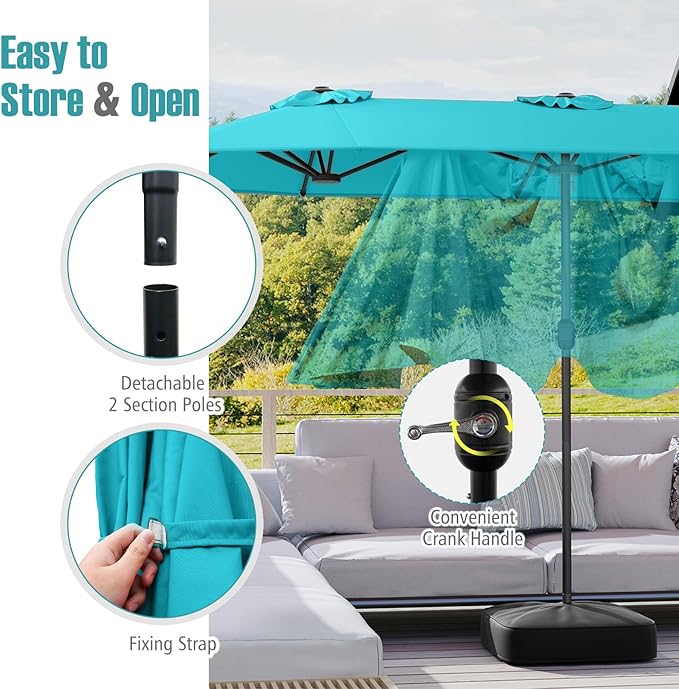 Tangkula 13FT Double-sided Patio Umbrella, Extra Large Twin Table Umbrella with Crank Handle, Umbrella Base, Safety Lock, Air Vent, Outdoor Market Umbrella for Garden Pool Backyard (Turquoise)