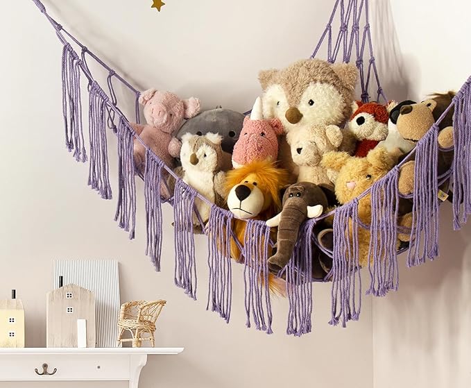 Stuffed Animal Storage Hammock Corner X-Large with LED Light - Baby Hammock Hanging Holder Plushies Net for Stuff Animals Organizer - Cute Room Decor Aesthetic Kids Toddler Nursery Bedroom