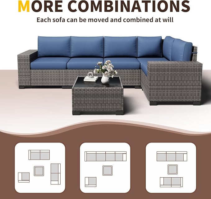 Outdoor Patio Furniture Set, 8'' Wide armrest Outdoor Sectional Rattan Sofa Set, Wicker Patio Furniture Sets w/Coffee Table,Thick Cushions and Cover for Porch, Balcony,Deck 6 PCS(Grey&Navy)