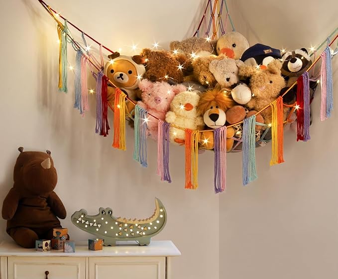 Stuffed Animal Storage Hammock Corner X-Large with LED Light - Baby Hammock Hanging Holder Plushies Net for Stuff Animals Organizer - Cute Room Decor Aesthetic Kids Toddler Nursery Bedroom