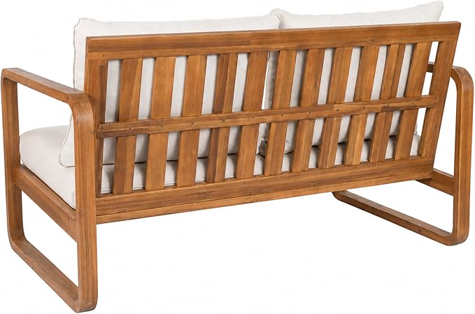 Christopher Knight Home Myra Acacia Wood Outdoor Loveseat and Coffee Table Set, 2 Piece Patio Furniture Set with Cushions, Patio Conversation Set with Slatted Design for Backyard, Teak + Beige