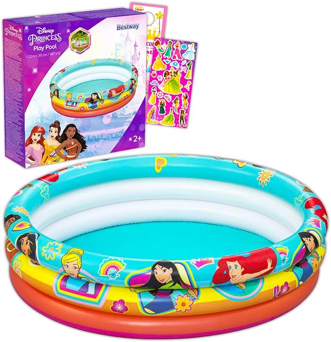 Disney Princess Inflatable Pool - Bundle with Inflatable Kiddie Pool for Girls, Kids Plus Stickers, More | Disney Princess Kiddie Pool Set (48" L x 48" W x 10" H)