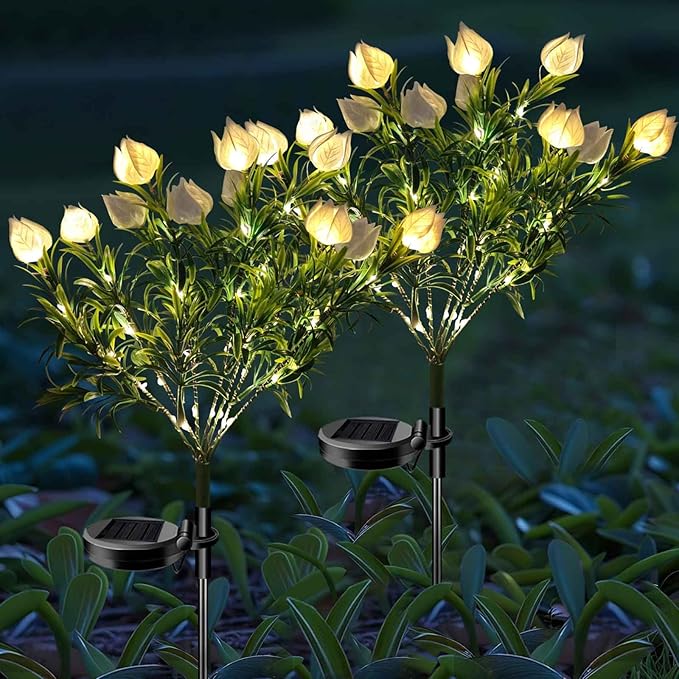 Solar Garden Lights, 7 Heads Gardenia Colorful Flower Light Waterproof Solar Outdoor Lights for Yard Pathway Decor, Two Lightning Modes, 2 Pack White