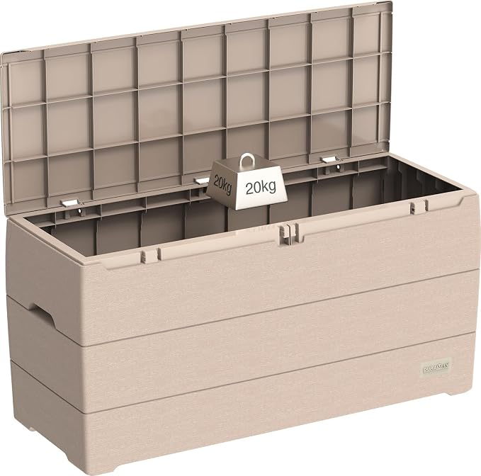Duramax Cedargrain Durabox 270 Litre/ 71 Gallons plastic storage box, Outdoor Deck Garden Furniture Organizer, Lockable Lid, Plastic Cushion Box with Wheels and Handles, Patio Box, Warm Taupe