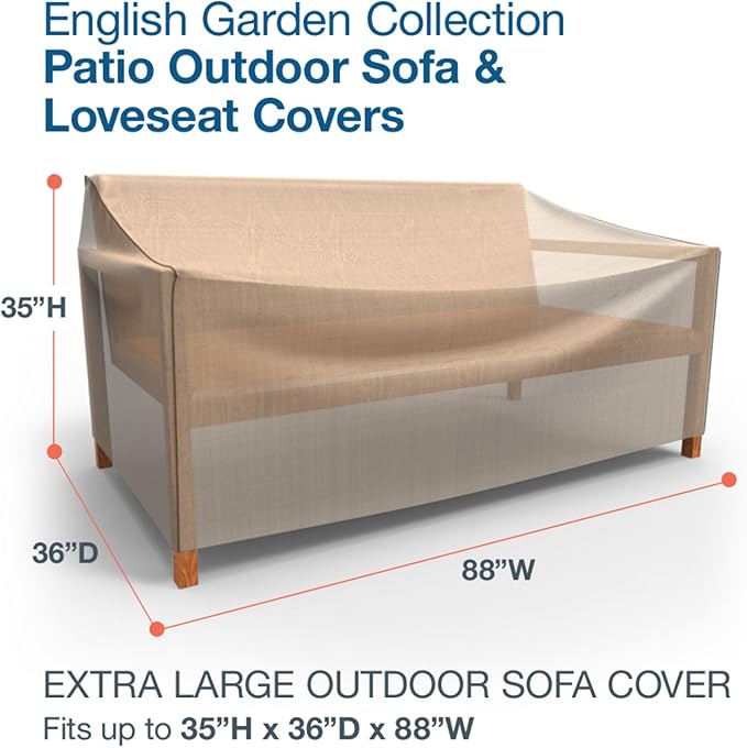 Budge English Garden Patio Sofa Cover, Waterproof & UV-Resistant Outdoor Furniture Cover, Fits Extra Large Sofas up to 88" W x 36" D x 35" H, Tan Tweed