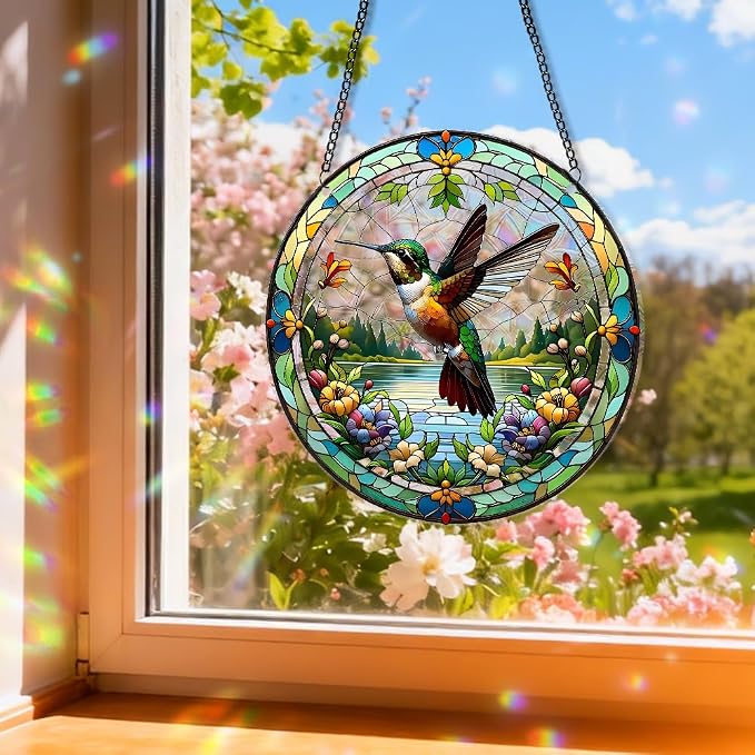 Acrylic Suncatcher Window Hanging, Hummingbird Sun Catcher Rainbow Indoor Window Decoration for Living Room Bedroom, Summer Home Balcony Ornaments Deco, 7.87 x 7.87 inches (141 Hummingbird)