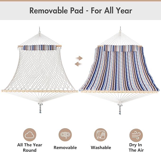 ANOW 13.5FT Curved Wood Stand with Double Hammock, Heavy Duty Larch Wood Arc Stand with 2 Chains, 4 Balance Ropes and 4 Carabiners, Includes Blue Seaside Rope Hammock with Spreader Bars