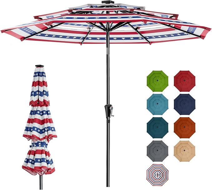 HOMSHADE 9FT 3-Tier Solar Patio Umbrella Heavy Duty, Vented Market Table Umbrella Windproof w/32 LED Lights, UPF50+, 5-Year Fade Resistant, for Pool, Lawn, Garden, Deck (No Base)
