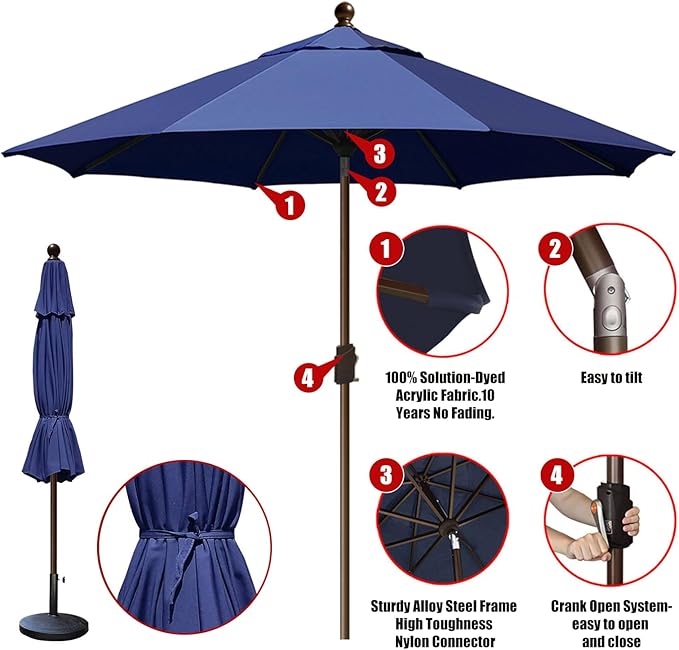EliteShade USA 10-Year-Non-Fading 10Ft Market Patio Umbrella, UPF 50+ UV Protection Performance Sun Umbrella, Heavy Duty Commercial Grade Outdoor Table Umbrella with Crank & Tilt, Windproof Vented Top for Garden, Pool, Deck and Outdoor Playsets, Navy Blue