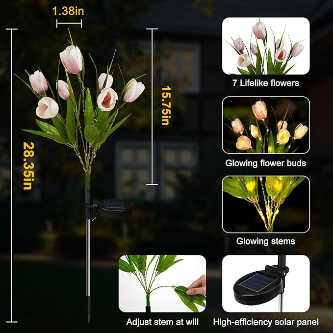 Aolyty Solar Garden Lights Outdoor, Solar Tulip Lights 2 Pack with 14 Tulip Flowers, IP65 Waterproof LED Stake Light for Pathway Patio Yard Landscape Decorative (Lavender)