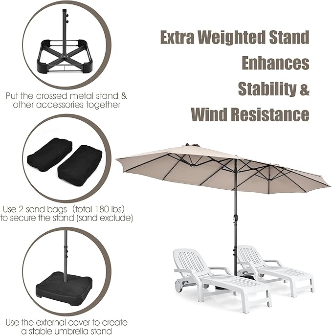 Tangkula 15FT Double-Sided Patio Umbrella, Outdoor Market Umbrella W/Hand-Crank System & Enhanced Base, Ultra-Large Twin Garden Umbrella W/ 12-Rib Structure for Residential & Commercial Use (Beige)