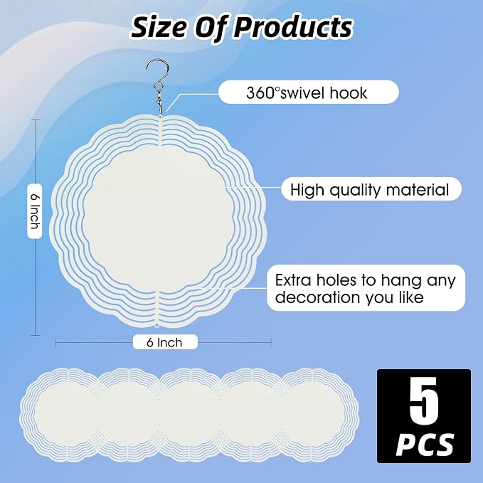 CHONOVO 5 Pack 6 Inch Sublimation Wind Spinner Blank | Double-Sided Sublimation, 3D Aluminum Metal, Easy Heat Transfer, Includes Hooks for Hanging Yard, Garden & Porch Decoration