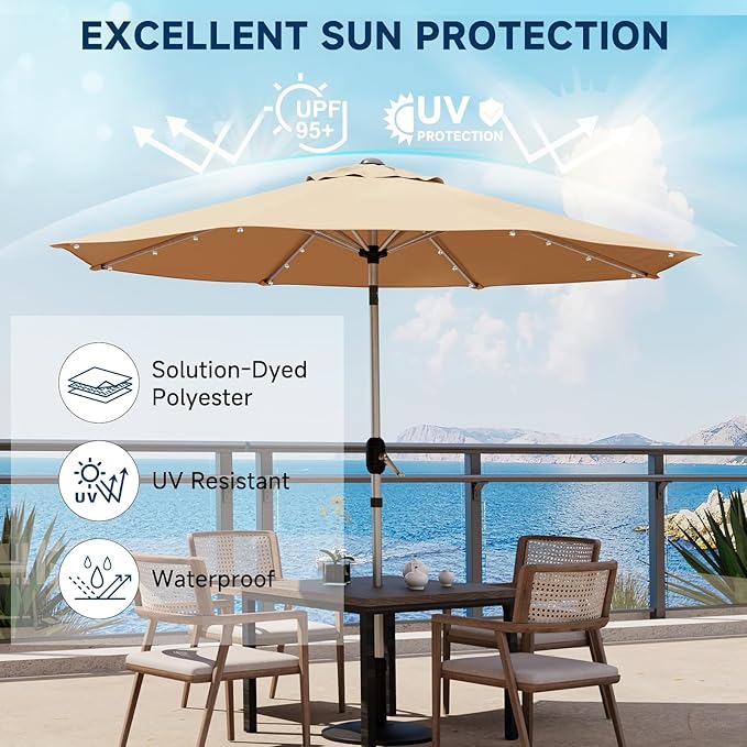 9FT Aluminum Patio Umbrella with 40-LED Solar Lighted, Fade-Resistant Outdoor Market Table Umbrella with Push Button Tilt Function, 8 Sturdy All-Aluminum Ribs for Gardens, Decks, Backyards & Pools
