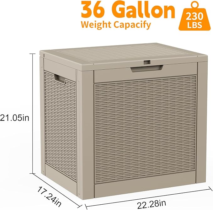 EasyUp 36 Gallon Deck Box Small Deck Box for Indoor and Outdoor,Waterproof Storage Boxs for Patio Furniture,Garden Tools,Cushions, Lockable and UV Resistant,Easy to Install(Grey)