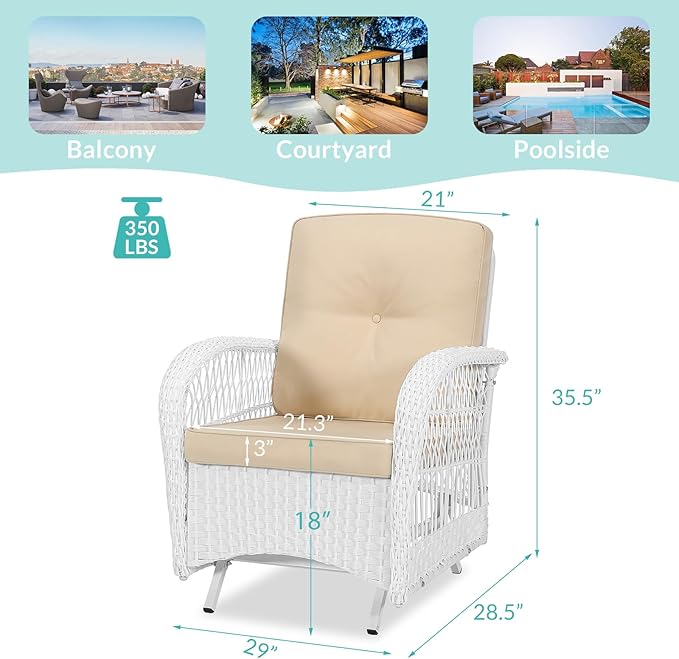 MEETWARM Patio Wicker Rocking Glider Set, All-Weather Outdoor Rattan Patio Rocking Chairs of 2, Patio Conversation Set with Thickened Cushions for Porch Garden & Backyard, White Wicker/Beige