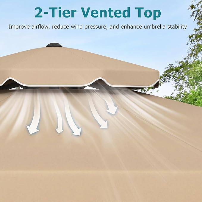 Happygrill 10 FT Patio Umbrella, Scalloped Outdoor Table Market Umbrella with Push Button Tilt & Crank, 2-Tier Vented Top, Heavy-Duty 8 Metal Ribs, Sun-Protective Canopy, Ruffle for Deck Pool Garden (Beige)