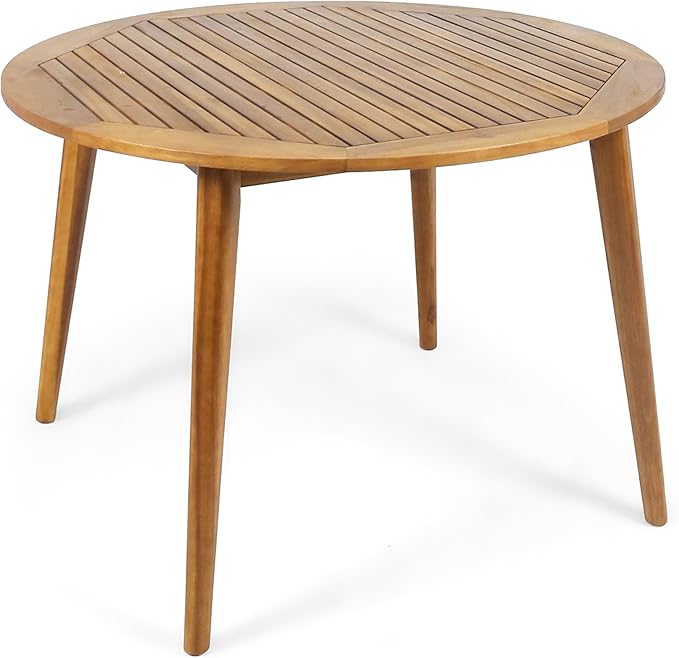 Christopher Knight Home Pelham Wooden Patio Dining Set for 4, Acacia Wood Outdoor Dining Table Set for 4, 5 Piece Outdoor Dining Set with Round Table and Armchair with Seat Cushion, Teak+Beige